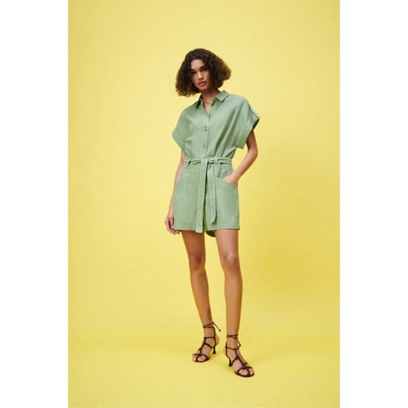 Zara Topstitched Romper Green Belt Tie Button Front Roll Tab Sleeve Collar Sz XL - Picture 2 of 12